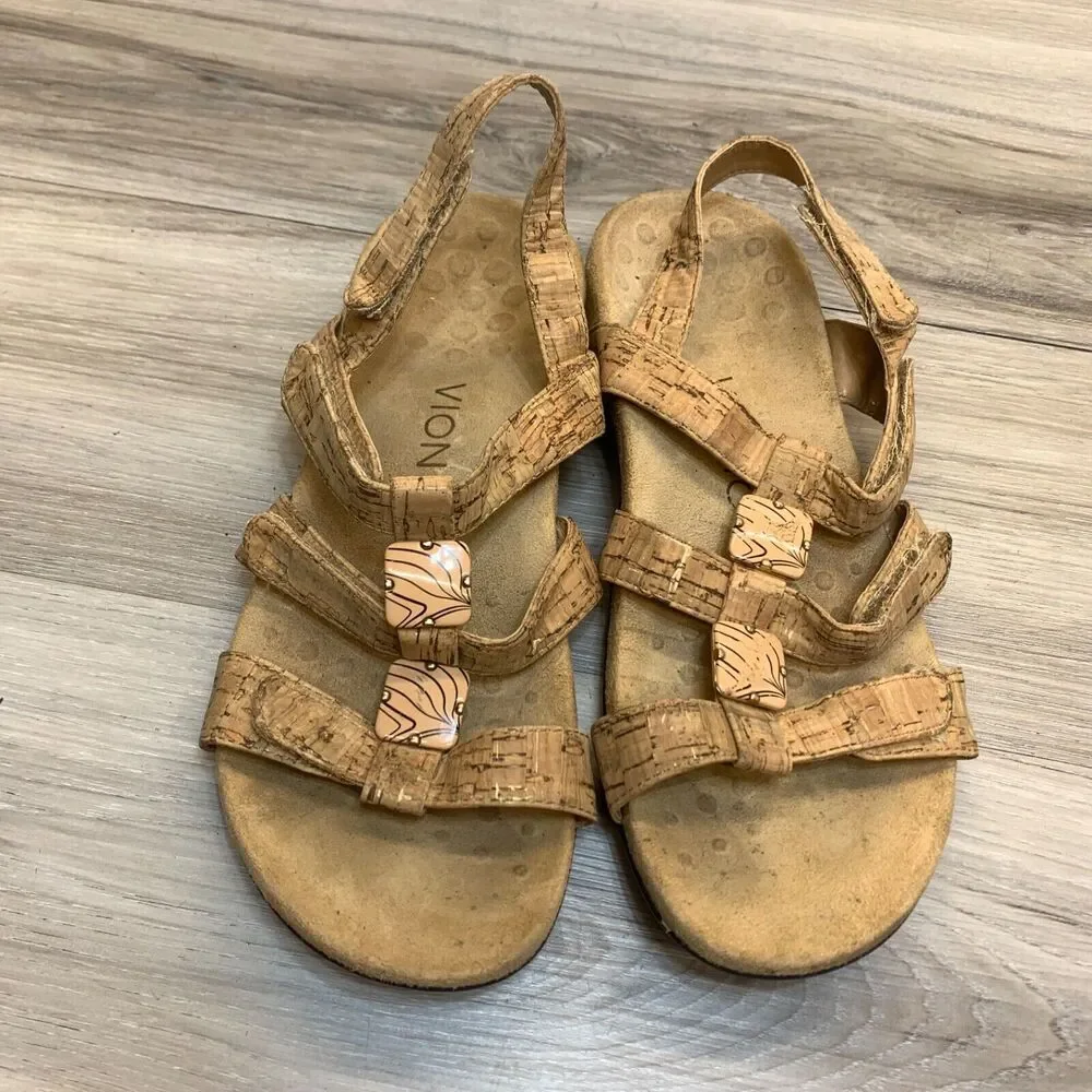 Vionic Womens Size 6 37 Amber Tan Leather‎ Comfort Adjustable Strap Sandals